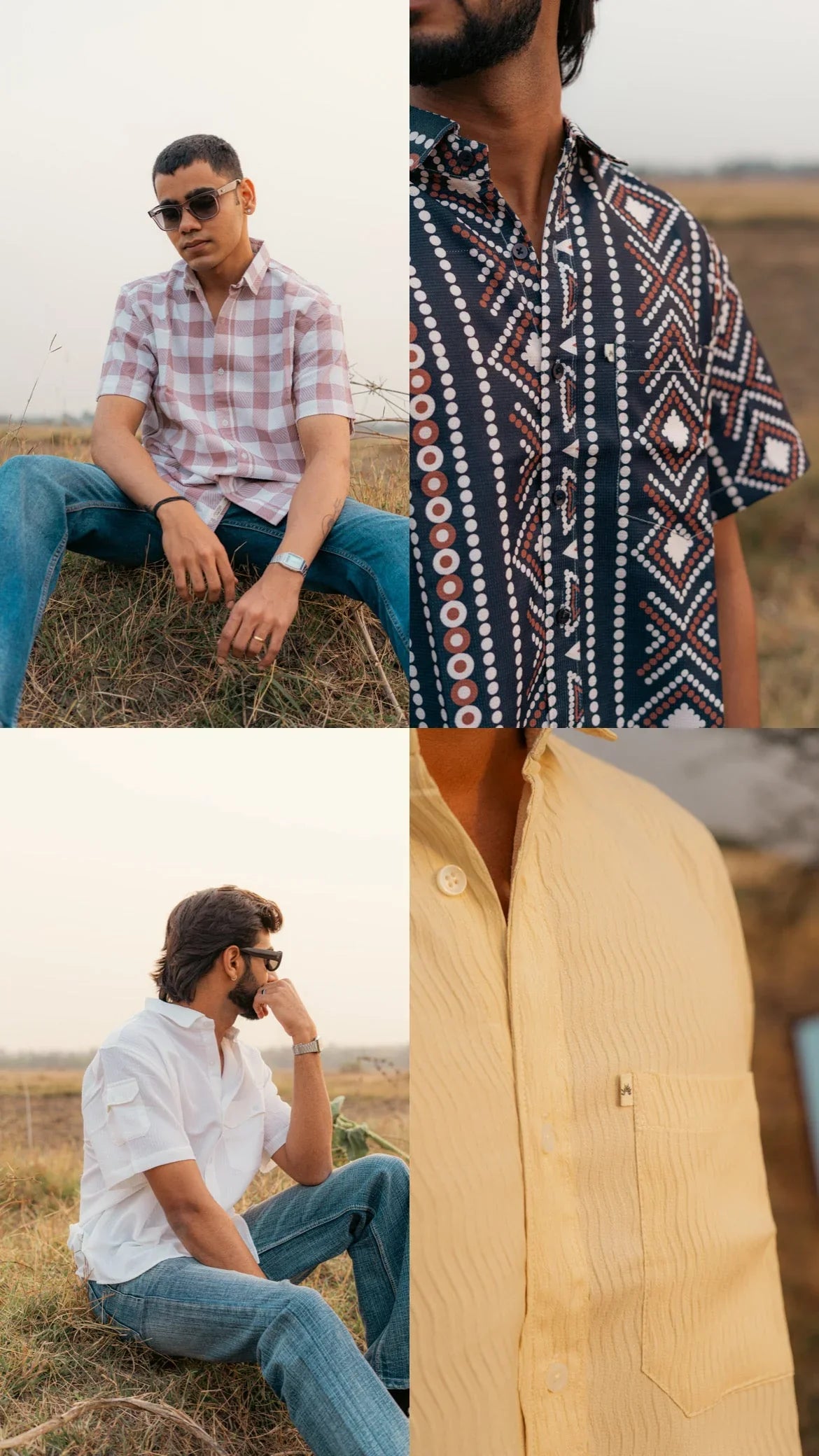 Collage of men in modern casual shirts, including plaid, geometric, white, and yellow styles outdoors